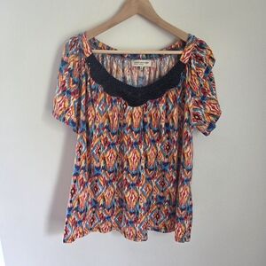 Jones New York Multicolor Ikat Top with Navy Crochet Scoop Neck Size 3x